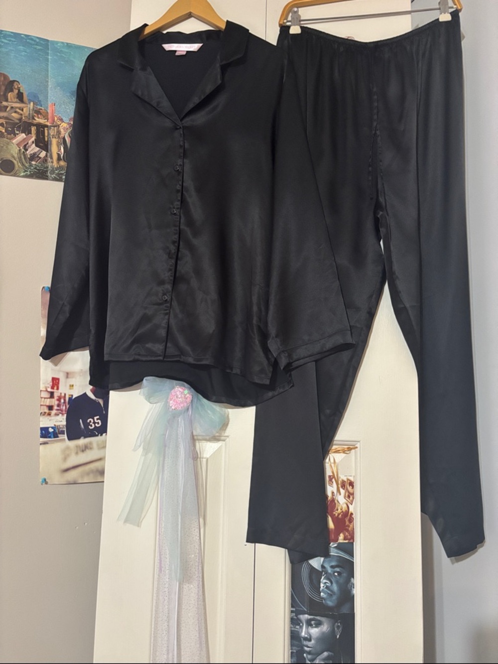 Vintage Y2K Victoria's Secret Pajama Set Pant Button Down Large Black Oversized
